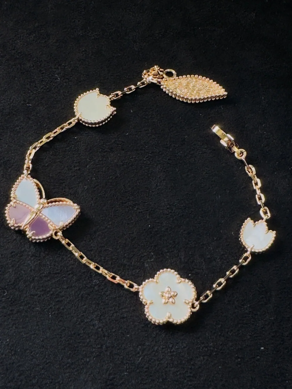 Gold Tone Mother-of-Pearl Butterfly & Flower Bracelet